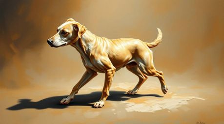A classic oil painting depicts a futuristic dog gracefully walking itself in space. The artwork emphasizes rich textures and 