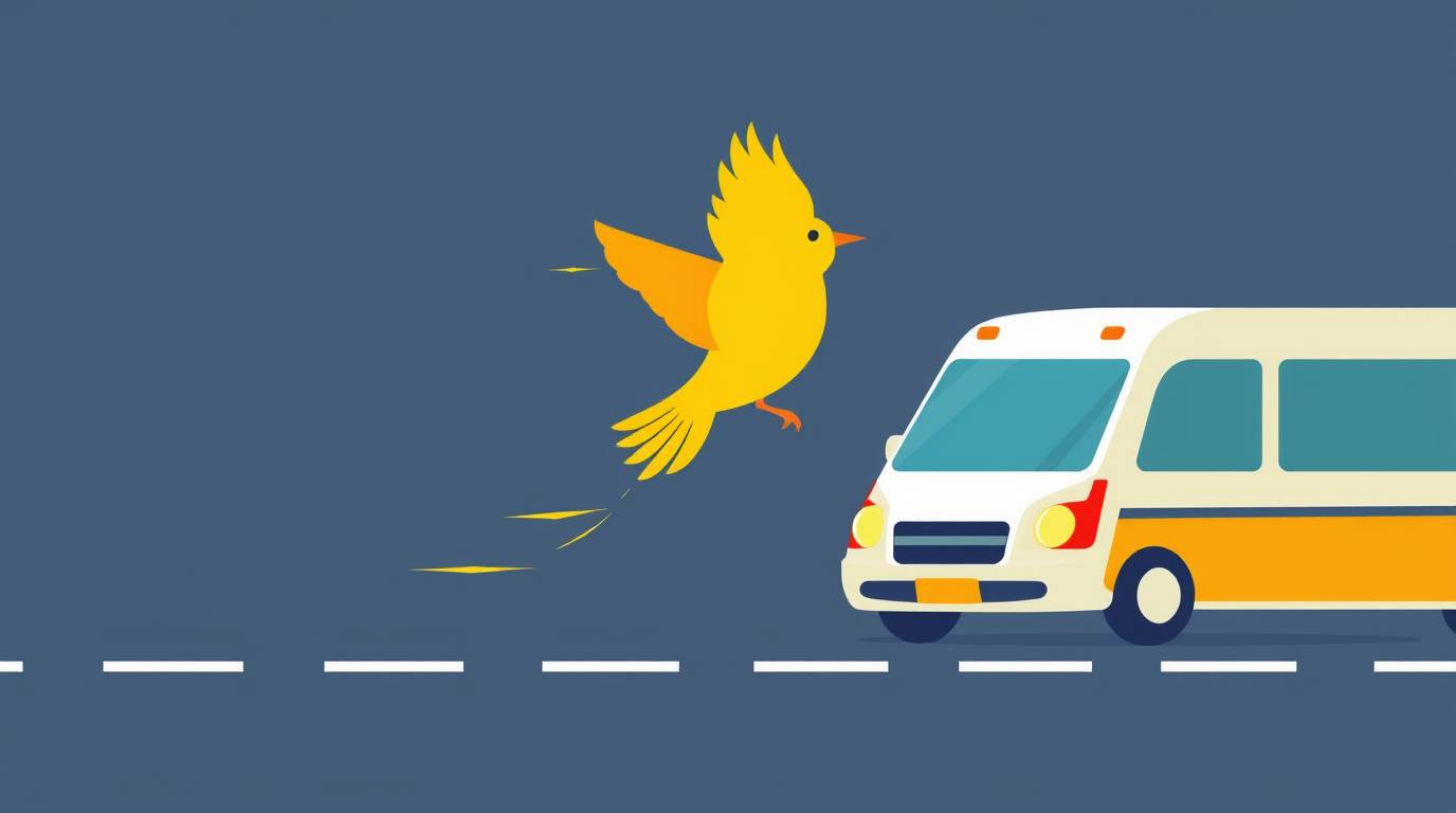 This modern flat design illustration showcases a fast-running bird speeding past traffic, rendered in simple two-dimensional 