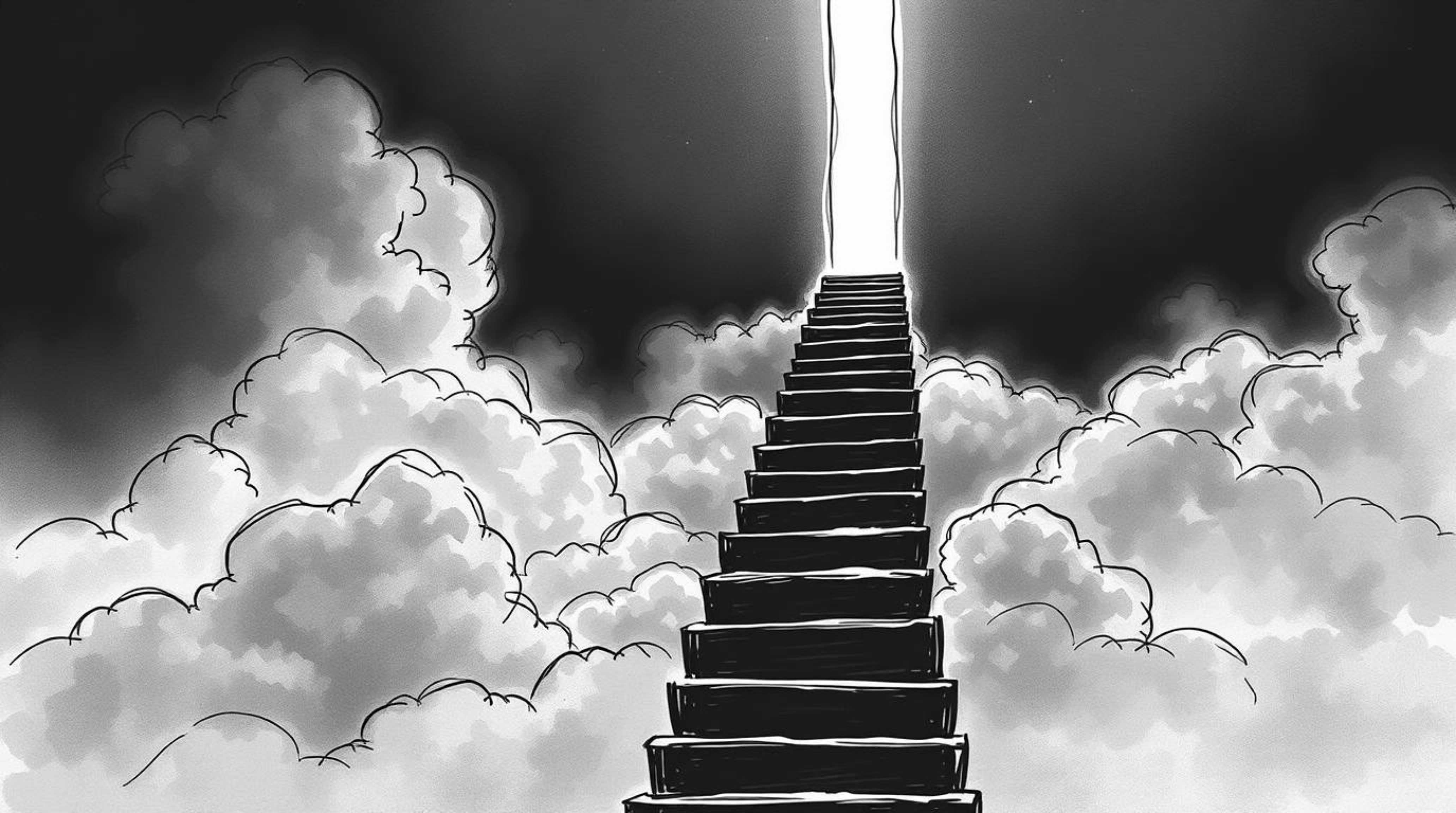 Explore a surreal stairway depicted in an intense jet black, hand-drawn sketch, winding through smoky clouds towards a celest