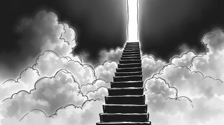 Explore a surreal stairway depicted in an intense jet black, hand-drawn sketch, winding through smoky clouds towards a celest