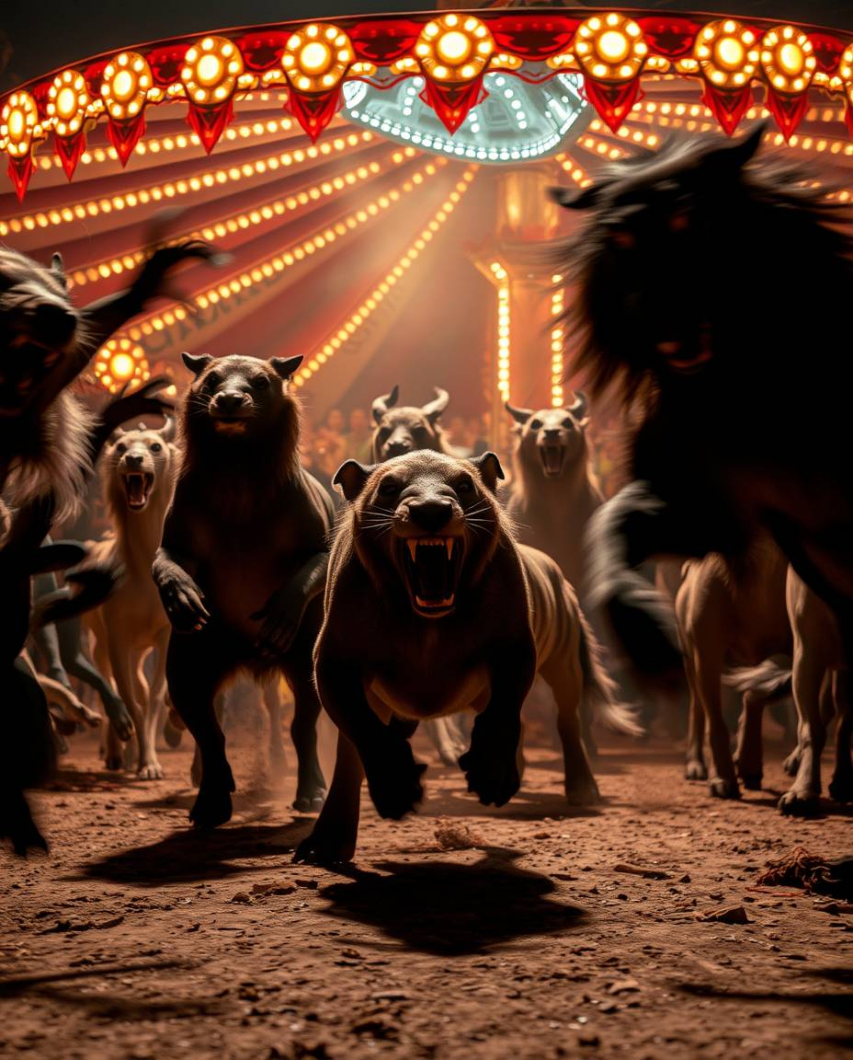 Experience the raw energy of a carnival scene gone wild, where animals have taken over. This series captures the dynamic moti