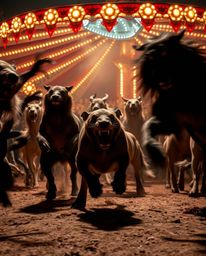 Experience the raw energy of a carnival scene gone wild, where animals have taken over. This series captures the dynamic moti