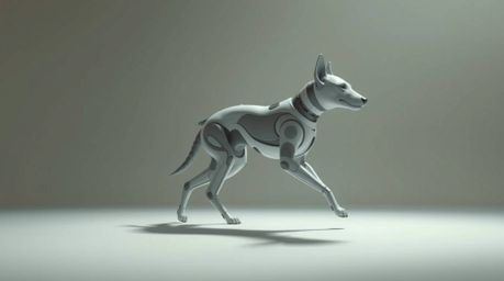 This high-resolution stock photo features a futuristic dog taking a walk in the vast expanse of space. The image showcases ge