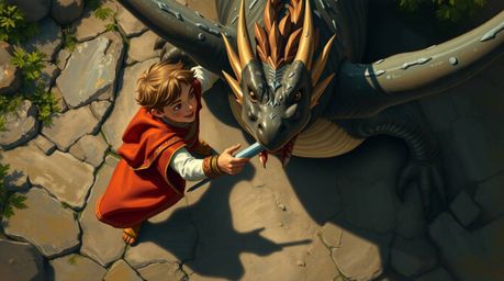 A captivating overhead view, reminiscent of classic 1950s animation, depicts a charming prince locked in battle with a fearso