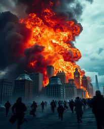 An intense close-up photograph captures a city consumed by flames, with people running in all directions under a stormy sky. 