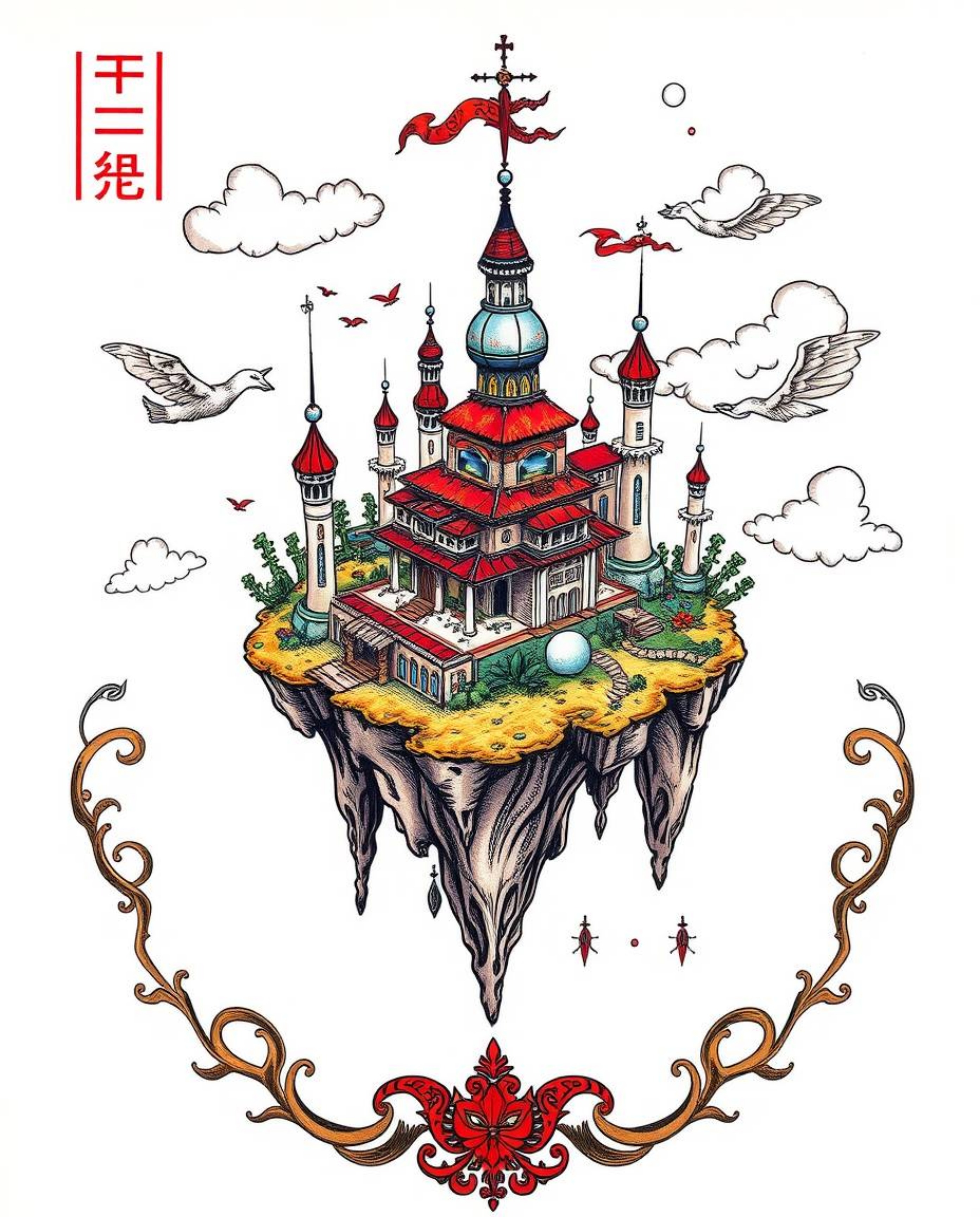 This captivating art print showcases a symbolic traditional tattoo design featuring a surreal floating island with bizarre ar