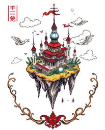 This captivating art print showcases a symbolic traditional tattoo design featuring a surreal floating island with bizarre ar