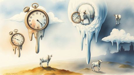 Explore a delicate watercolor painting depicting a surreal dreamscape. This artwork features melting clocks and floating cows