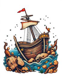 Discover stunning traditional tattoo art featuring a vibrant underwater shipwreck scene.  Rendered in natural earth tones wit