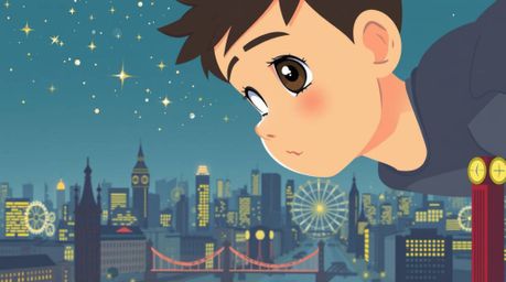 This vibrant illustration depicts a young boy with light skin soaring above the iconic London skyline, powered by sparkling p