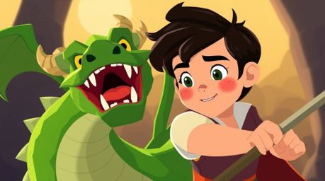 A charming prince with rosy cheeks and dark hair valiantly battles a vibrant green dragon in a captivating scene reminiscent 