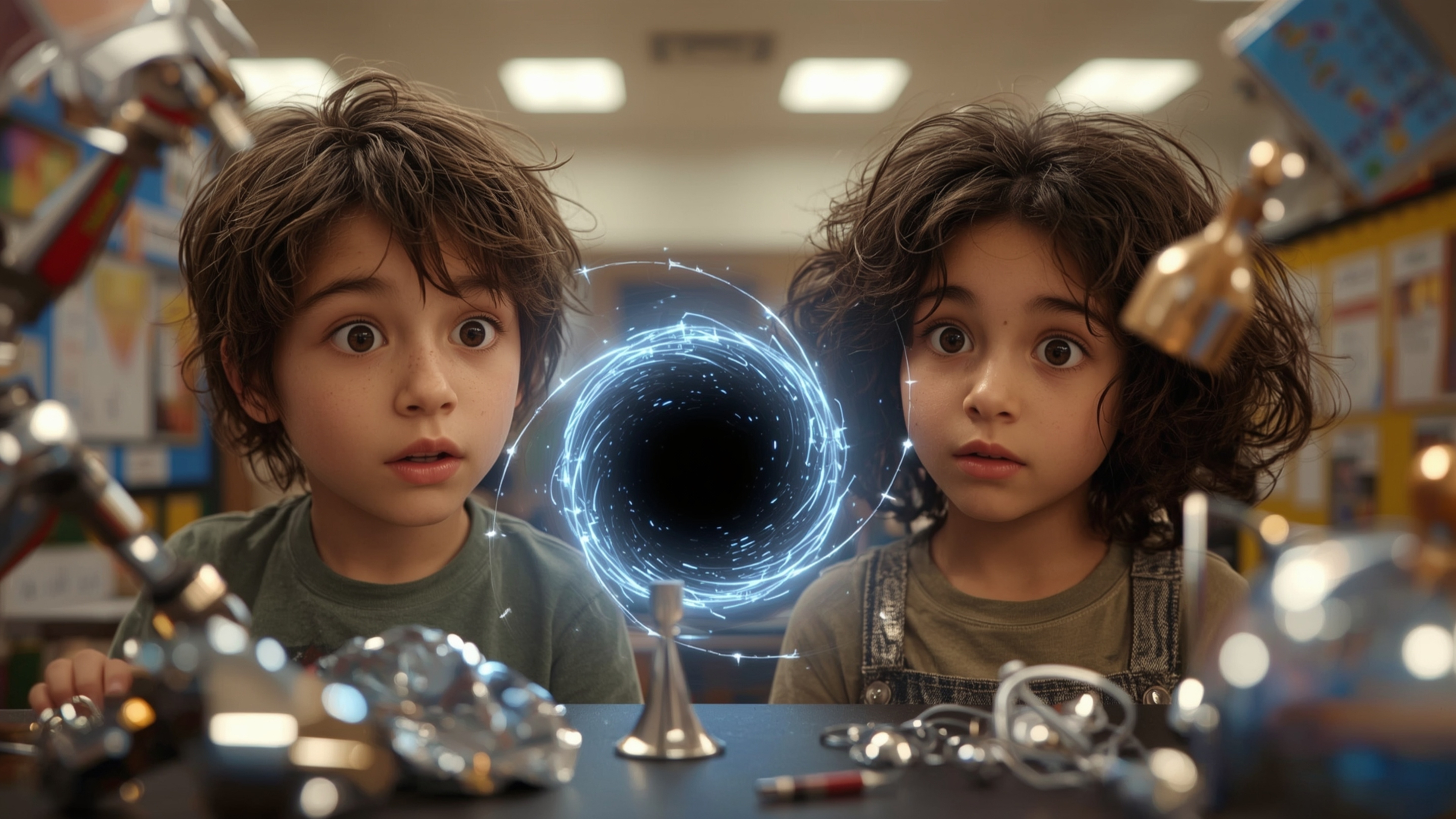 In a vibrant, cinematic photograph in the style of Pixar, a science fair duo accidentally creates a mini black hole. The mesm