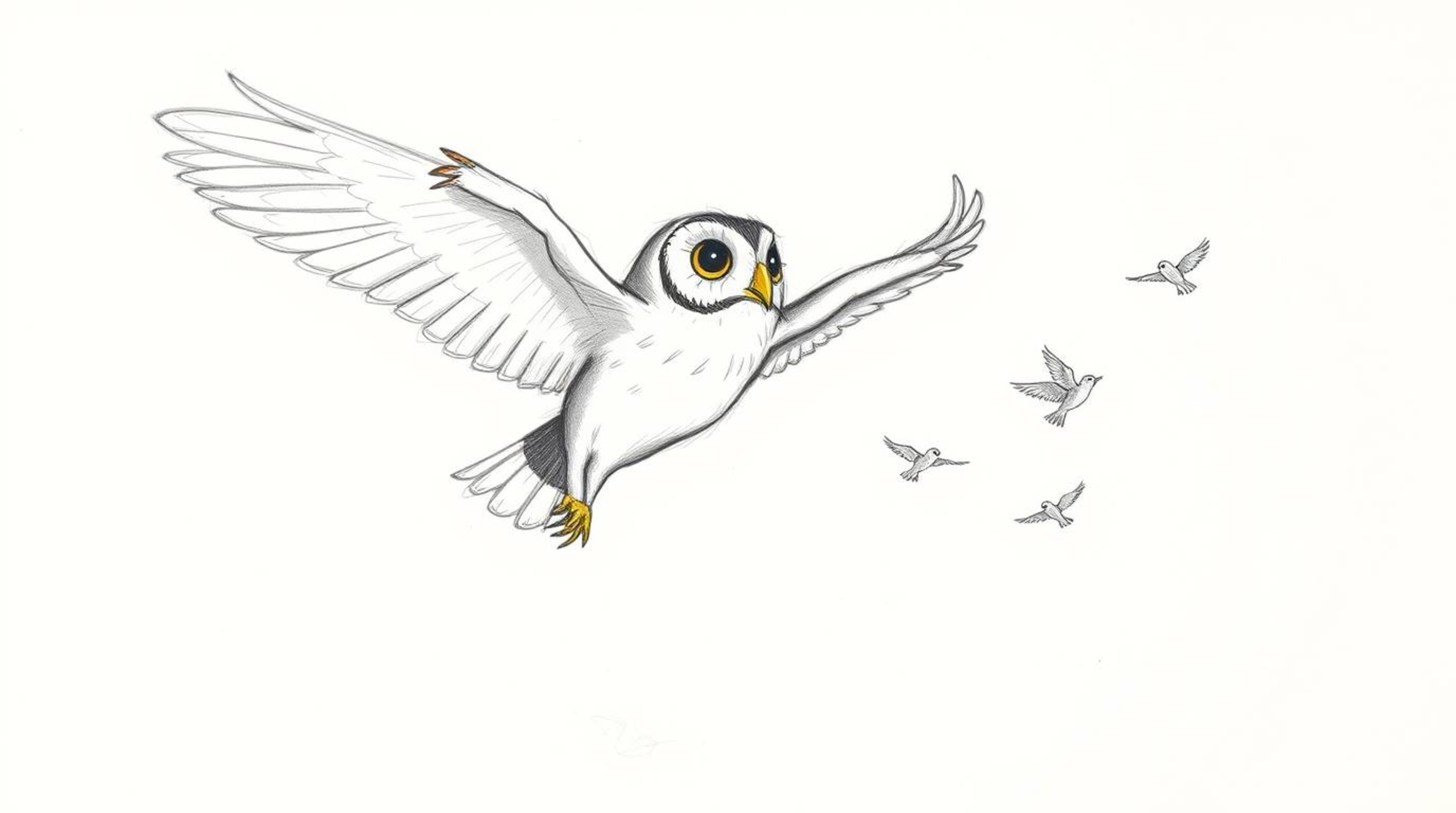 A heartwarming hand-drawn sketch in the style of Pixar portrays a blind owl mid-flight, guiding a group of small, detailed bi