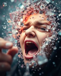 An intense and surreal artwork depicting a person's scream as their world fractures into pixels, rendered in an extreme macro