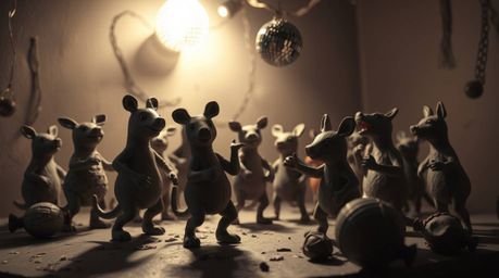 A captivating clay sculpture depicts a vibrant animal dance party under pulsating disco lights.  The artwork features low con
