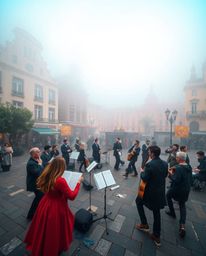A captivating musical number unfolds in a vibrant town square, meticulously captured through architectural color photography.