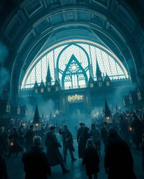 An epic scene unfolds within a magical school teeming with young wizards. Intense jet black and deep shadows create a sense o