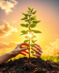 This image captures the essence of hope and growth, showcasing hands planting a tree beneath a radiant golden sky. The lively