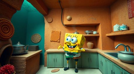 Stunning architectural color photography showcasing a unique underwater kitchen scene. A whimsical sponge character cooks ami