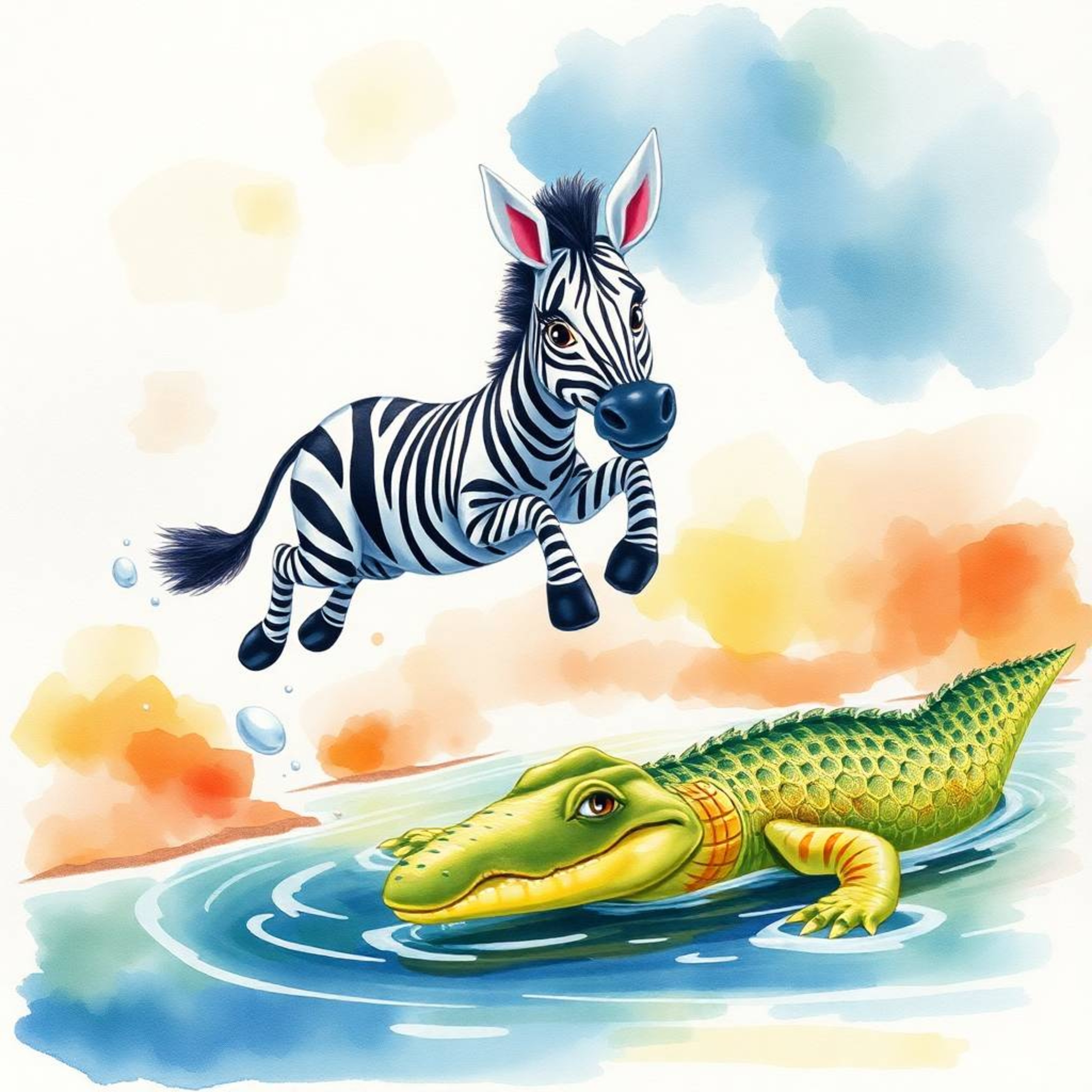 This delicate watercolor painting captures a whimsical scene of a 3D cartoon zebra leaping towards the riverbank, narrowly av
