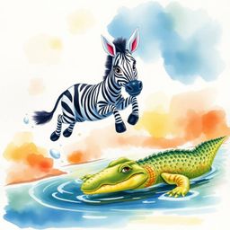 This delicate watercolor painting captures a whimsical scene of a 3D cartoon zebra leaping towards the riverbank, narrowly av