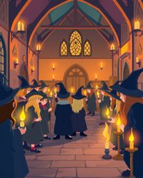 Explore a captivating magical school teeming with young wizards, rendered in a modern flat design. The scene is bathed in the