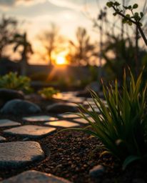 Extreme macro close-up of a serene Zen garden at sunset, artistic lighting creating abstract patterns, emphasizing minute det