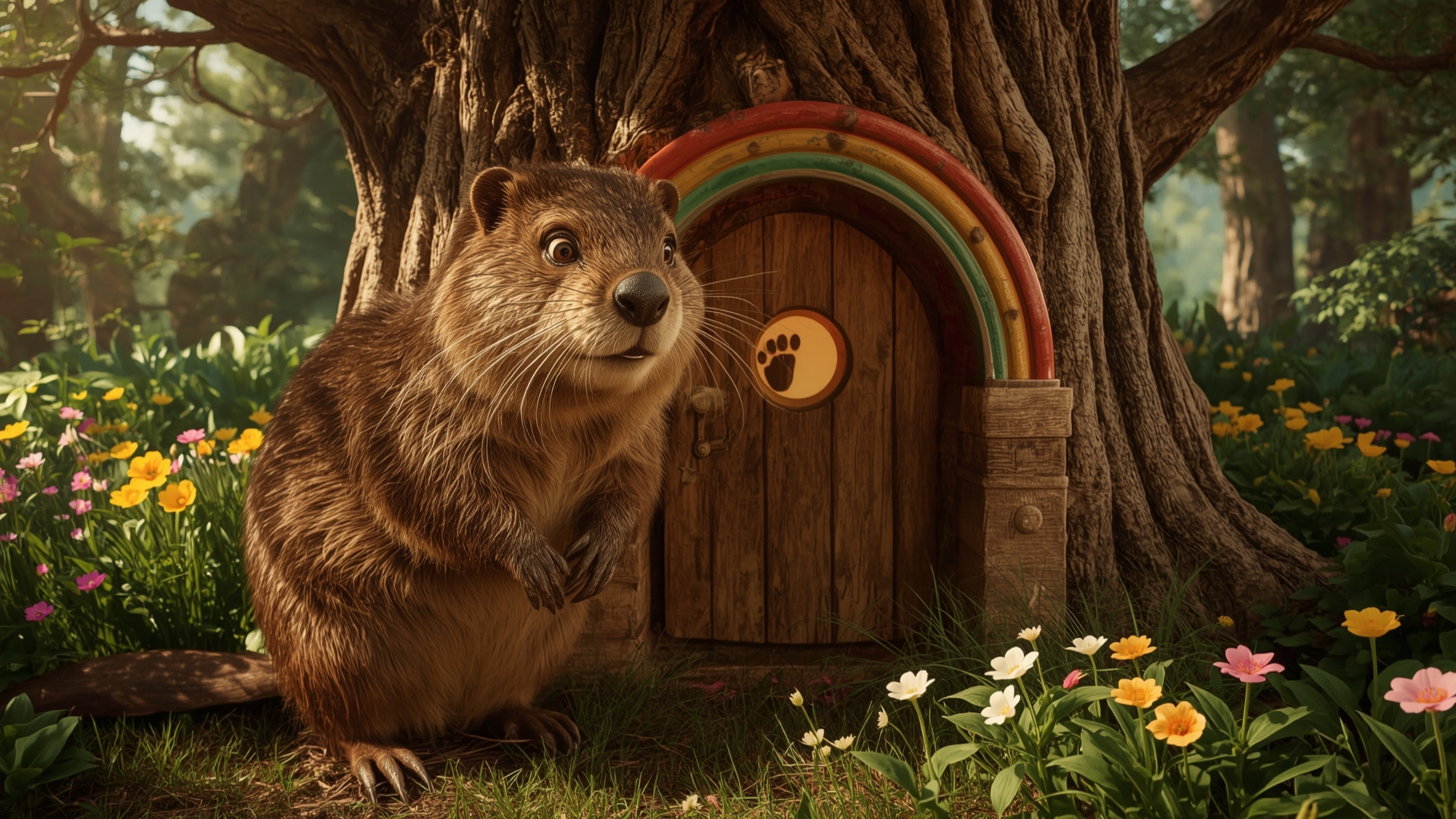 A high-resolution stock photo shows a beaver with shiny brown fur and bright, curious eyes meticulously building the perfect
