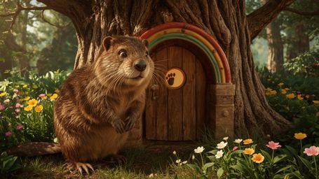A high-resolution stock photo shows a beaver with shiny brown fur and bright, curious eyes meticulously building the perfect