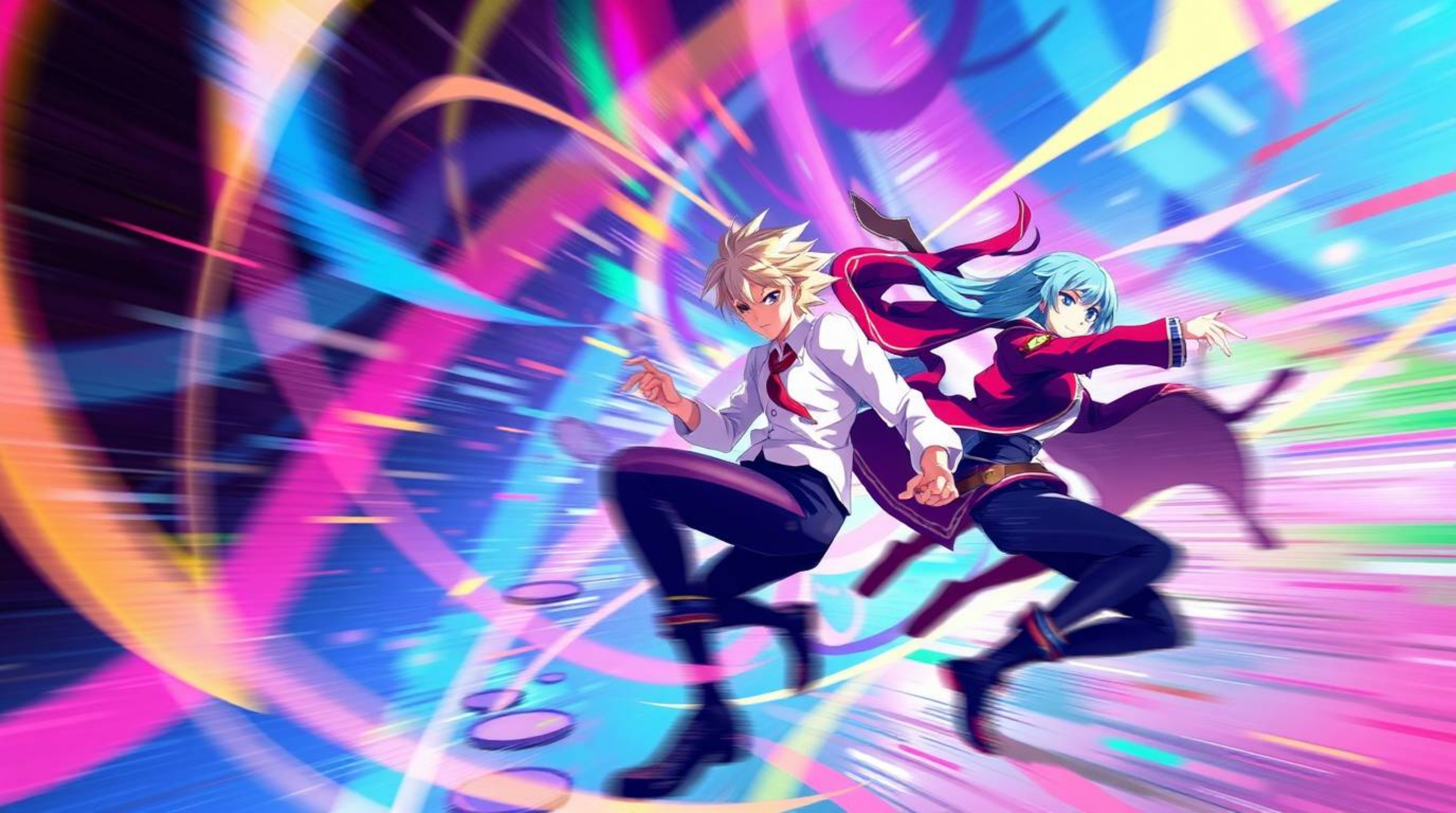 This abstract poster design features a vibrant isekai anime style with bright, energetic colors and dynamic action poses.  Th
