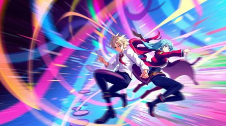 This abstract poster design features a vibrant isekai anime style with bright, energetic colors and dynamic action poses.  Th