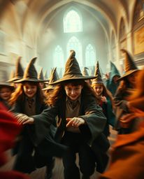 A captivating cinematic image showcasing a magical school brimming with young wizards. Rendered in a harmonious blend of warm