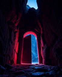 A captivating scene featuring an ancient doorway glowing with runes, nestled in the side of a mountain. Captured from a low a