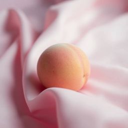 Experience the soothing ASMR aesthetic with this close-up of a soft, blushing pink peach resting on silky pastel pink fabric.