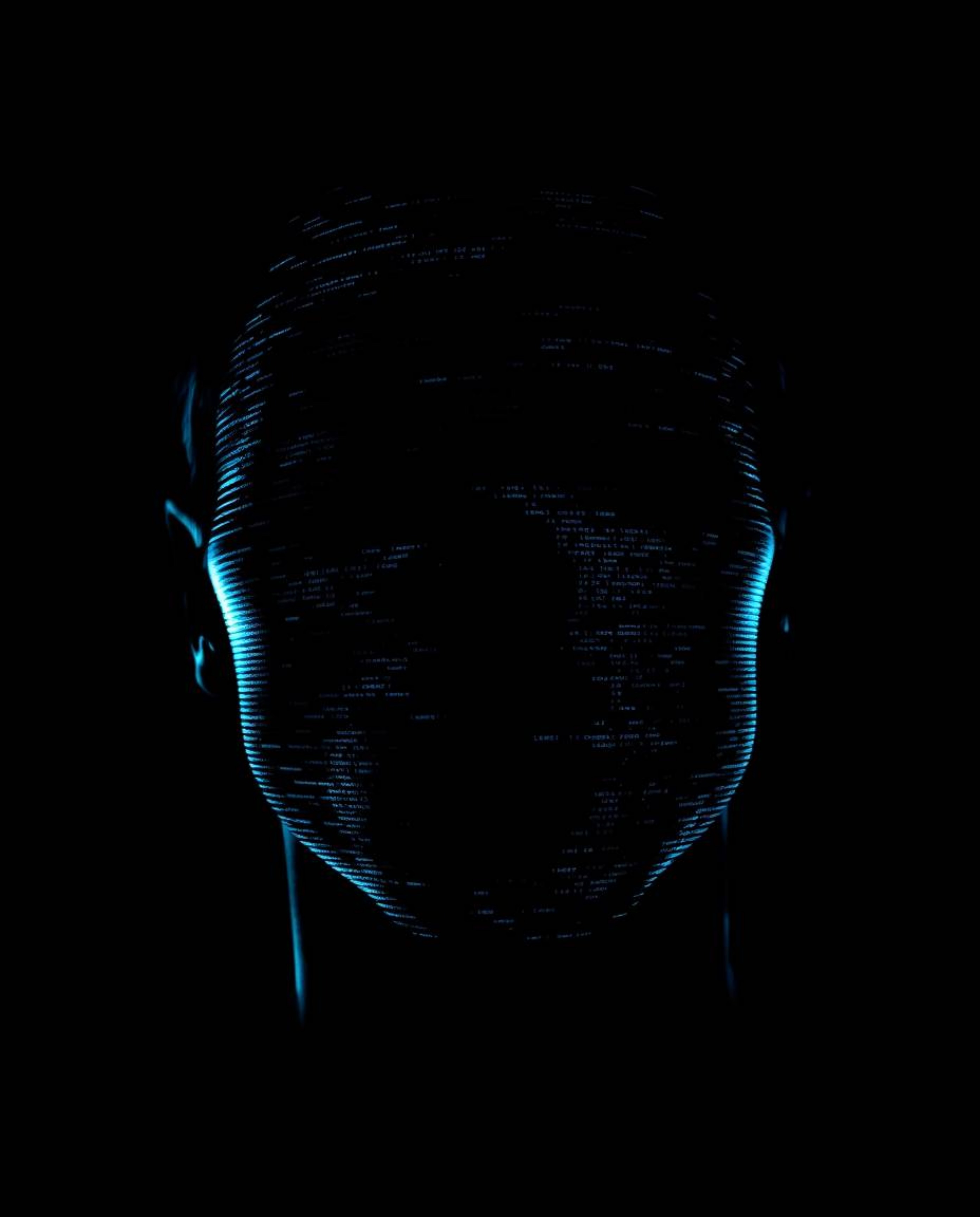 A captivating digital art piece featuring a human face transforming into a data stream, achieved through intense dramatic lig