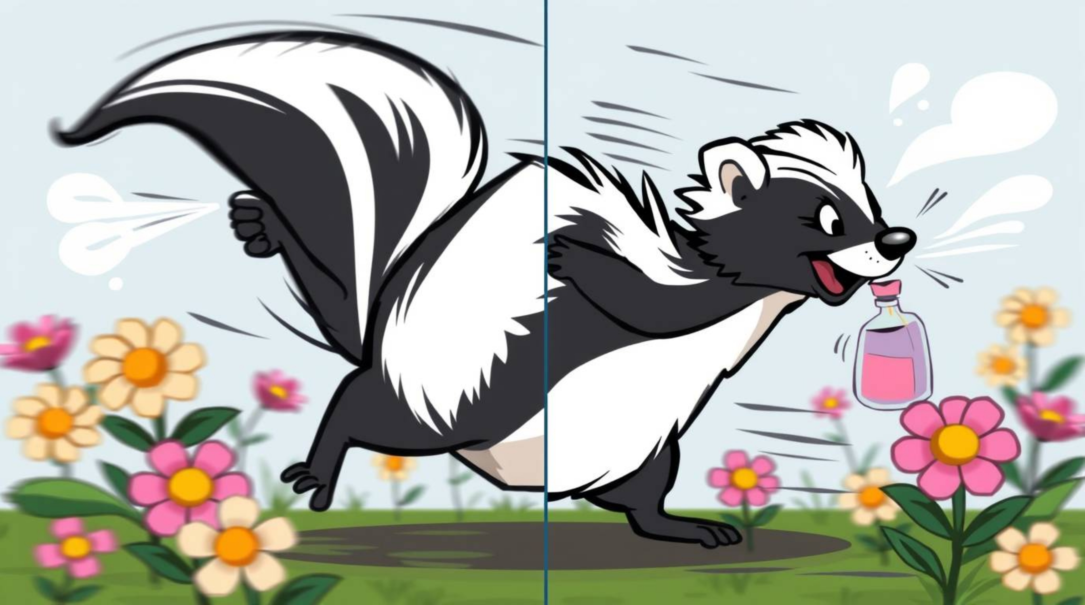 A dynamic cartoon skunk is depicted in motion, playfully spraying perfume onto a vibrant array of flowers. The image features