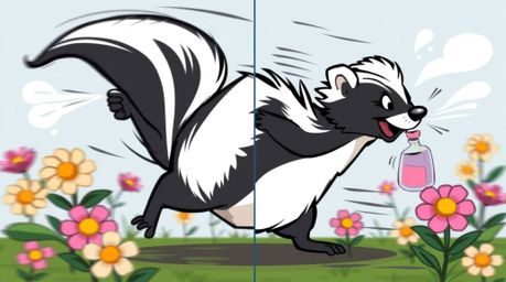 A dynamic cartoon skunk is depicted in motion, playfully spraying perfume onto a vibrant array of flowers. The image features