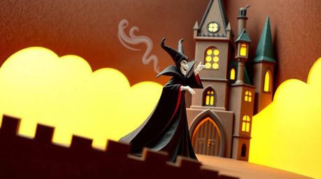 A classic Disney villain is captured in an intricate origami style, casting a spell within the aged walls of an old castle. T