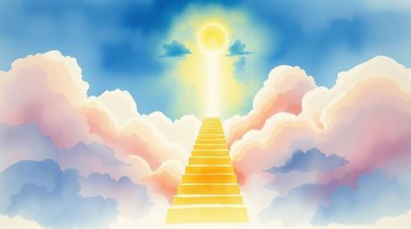 A breathtaking watercolor painting showcases a golden staircase ascending through ethereal clouds towards a radiant heaven.  