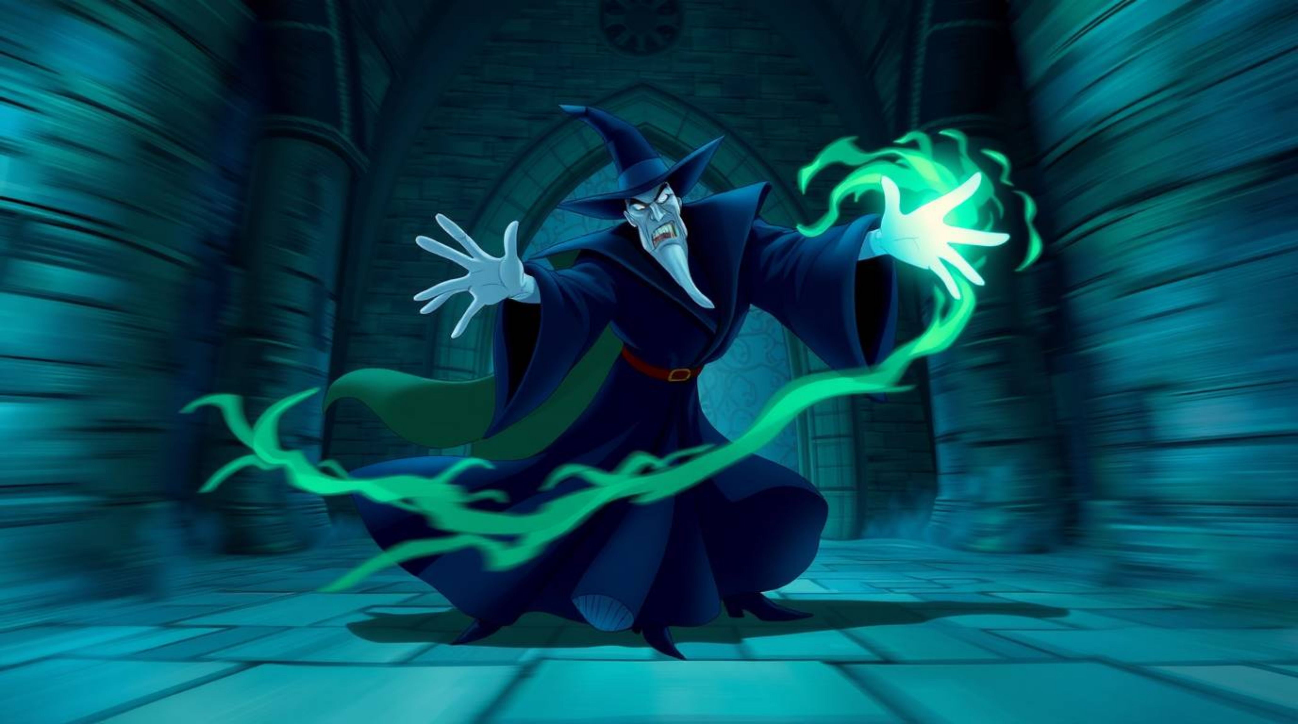 A captivating digital artwork depicts a classic Disney villain casting a spell within an ancient castle.  Dominated by blues,