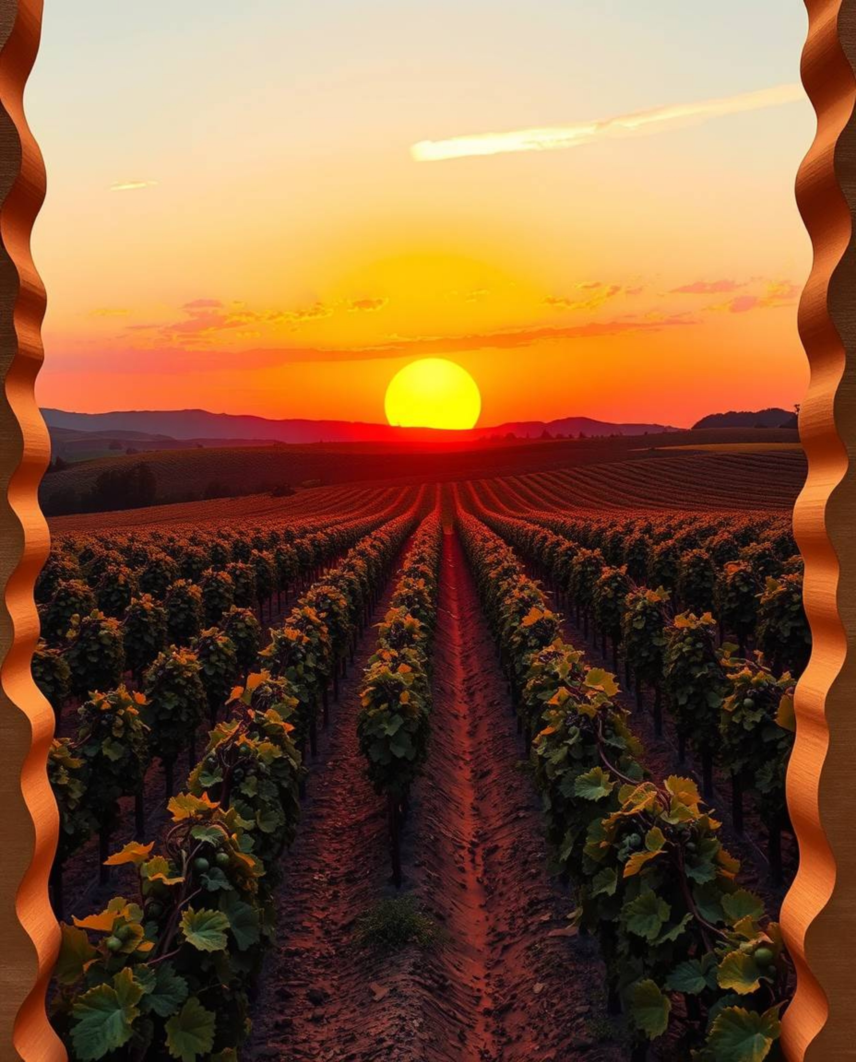 From a unique bird’s eye view, this artwork reimagines a sunset over a vineyard through the tactile medium of layered papier-