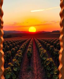 From a unique bird’s eye view, this artwork reimagines a sunset over a vineyard through the tactile medium of layered papier-