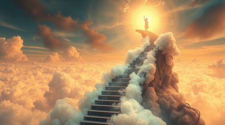 A captivating scene unfolds with a winding stairway composed of smoke and light, ascending into a vast, cloudy sky. This drea