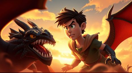 A captivating 16:9 animation scene in the style of the 1950s depicts a charming prince with a determined expression battling 