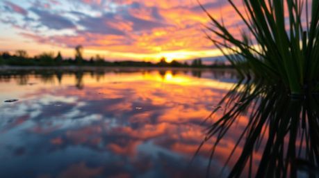A captivating close-up captures the detailed reflection of a vibrant sunset in a tranquil pond. The image showcases the inter