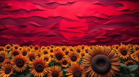 A stunning layered papier-mâché sculpture depicts a vibrant sunflower field bathed in the dramatic hues of a deep red and pur