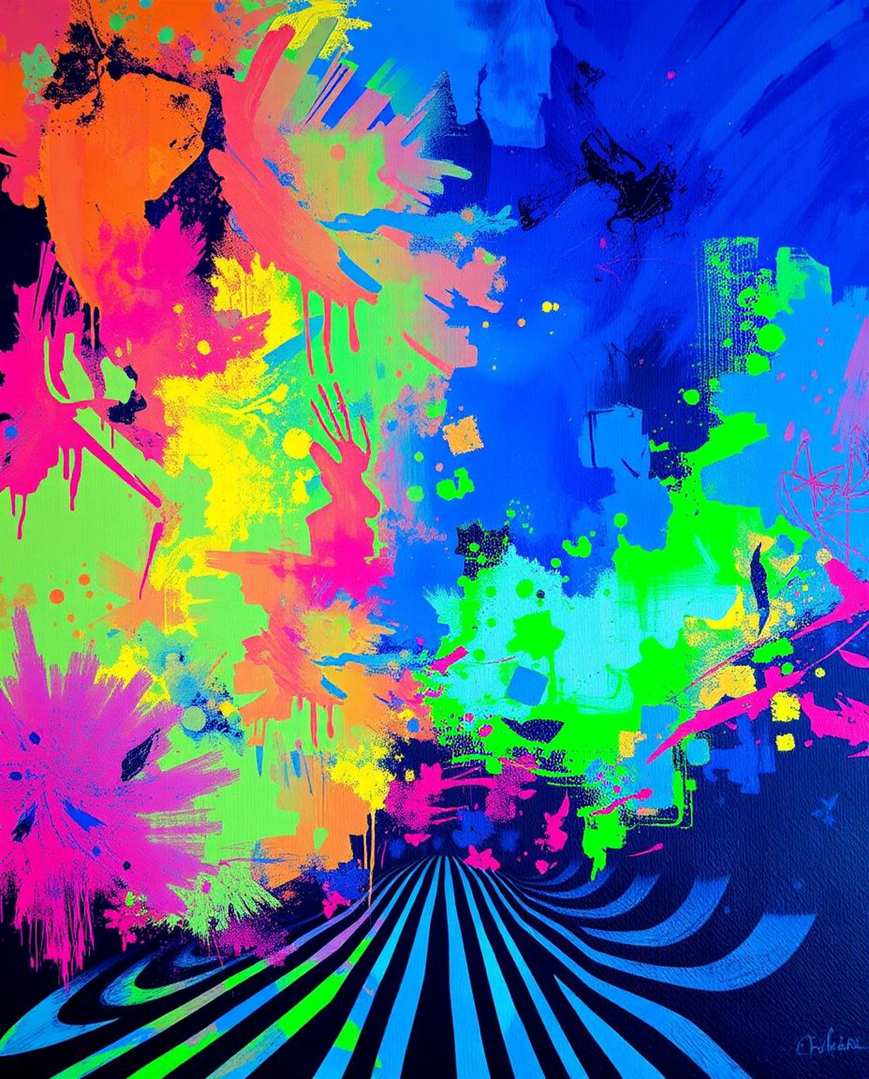 This bold acrylic painting features glowing bioluminescent colors and vibrant glow, enhanced by textured brushstrokes and nat