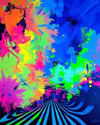 This bold acrylic painting features glowing bioluminescent colors and vibrant glow, enhanced by textured brushstrokes and nat