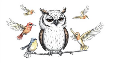 A heartwarming, hand-drawn sketch inspired by Pixar, depicting a gentle blind owl teaching birds how to fly. The birds, in tu