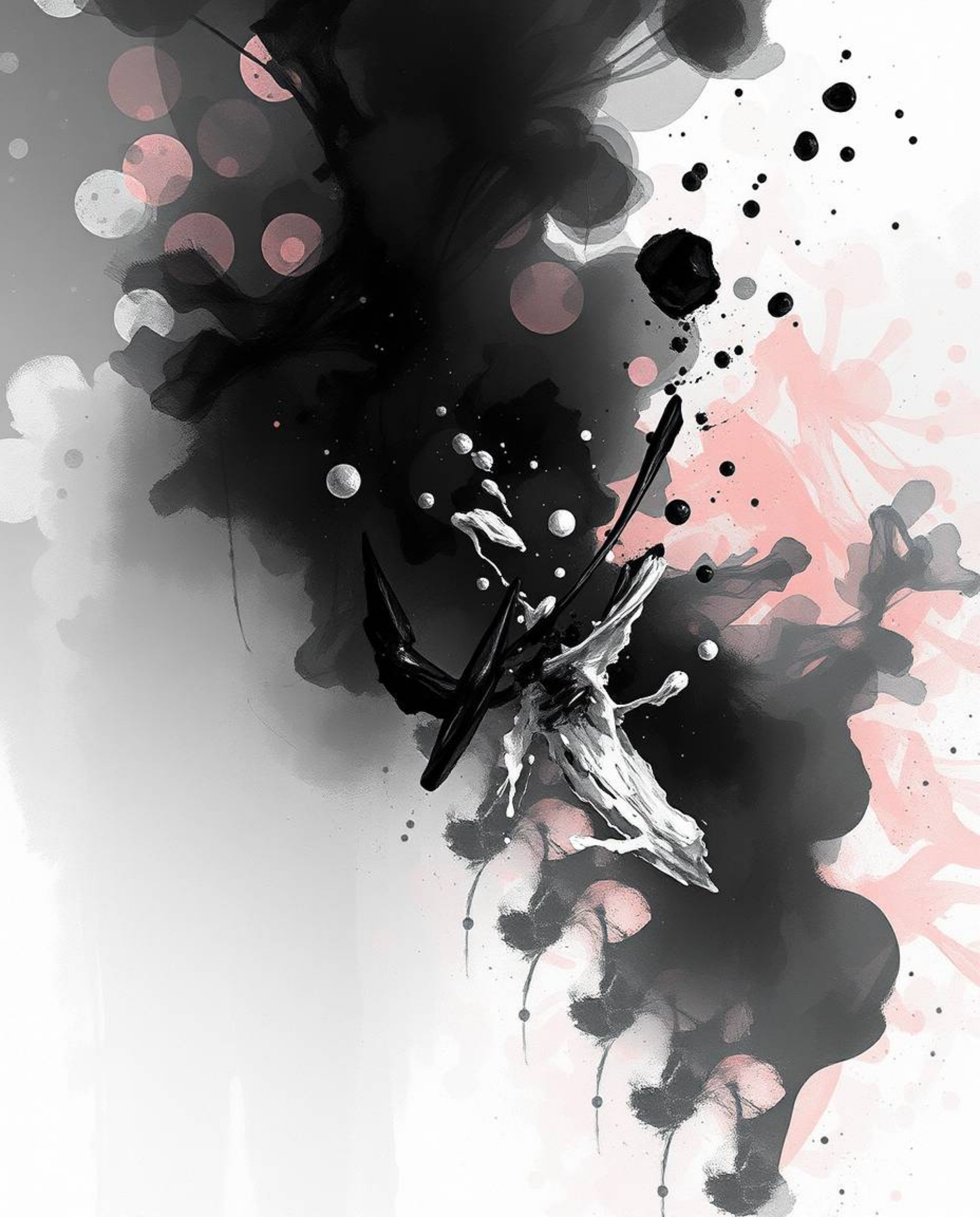 Experience the timeless elegance of dynamic digital sketches featuring black and white ink splashes in water.  These macro ph